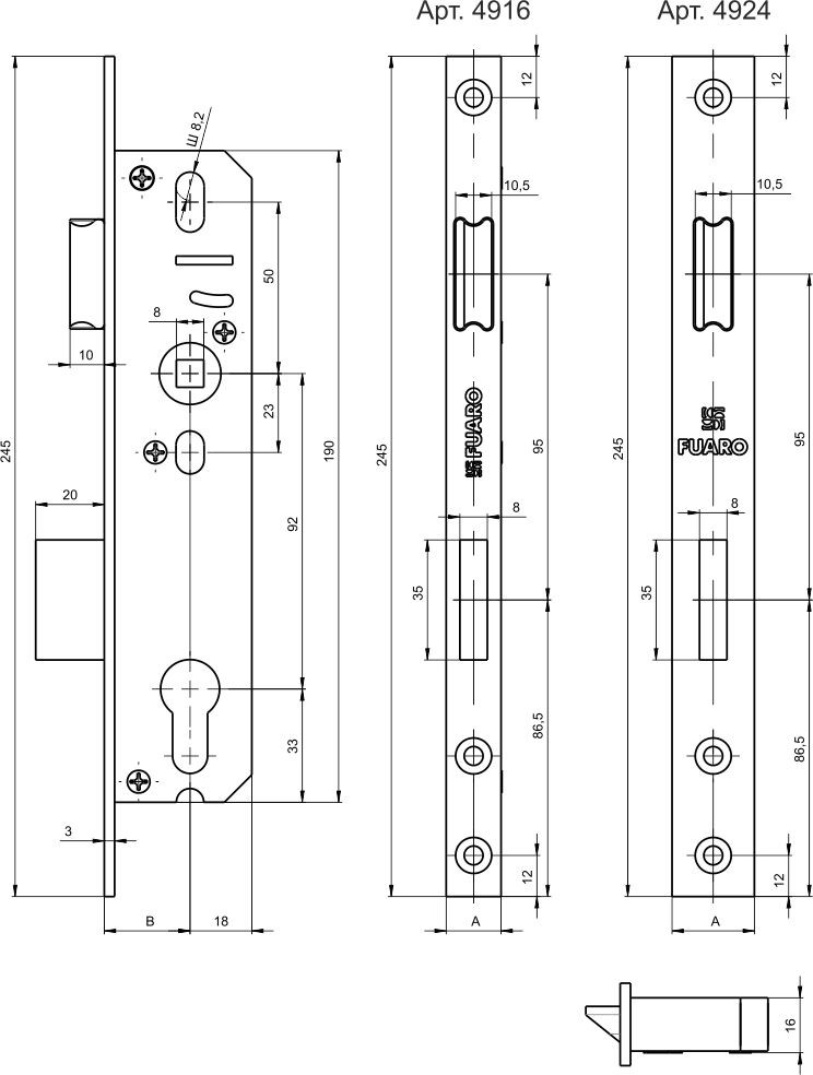 Корпус Fuaro (Фуаро) узкопрофильного замка с защелкой PROF4916-40/92 CP хром 