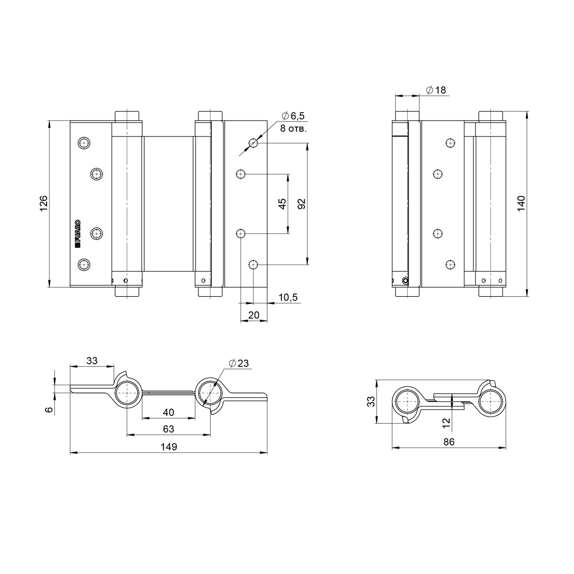 Пружинная Fuaro (Фуаро) двусторонняя (барная) петля DSH5 (125х86х1,5) INOX 201 AB бронза (блистер) 