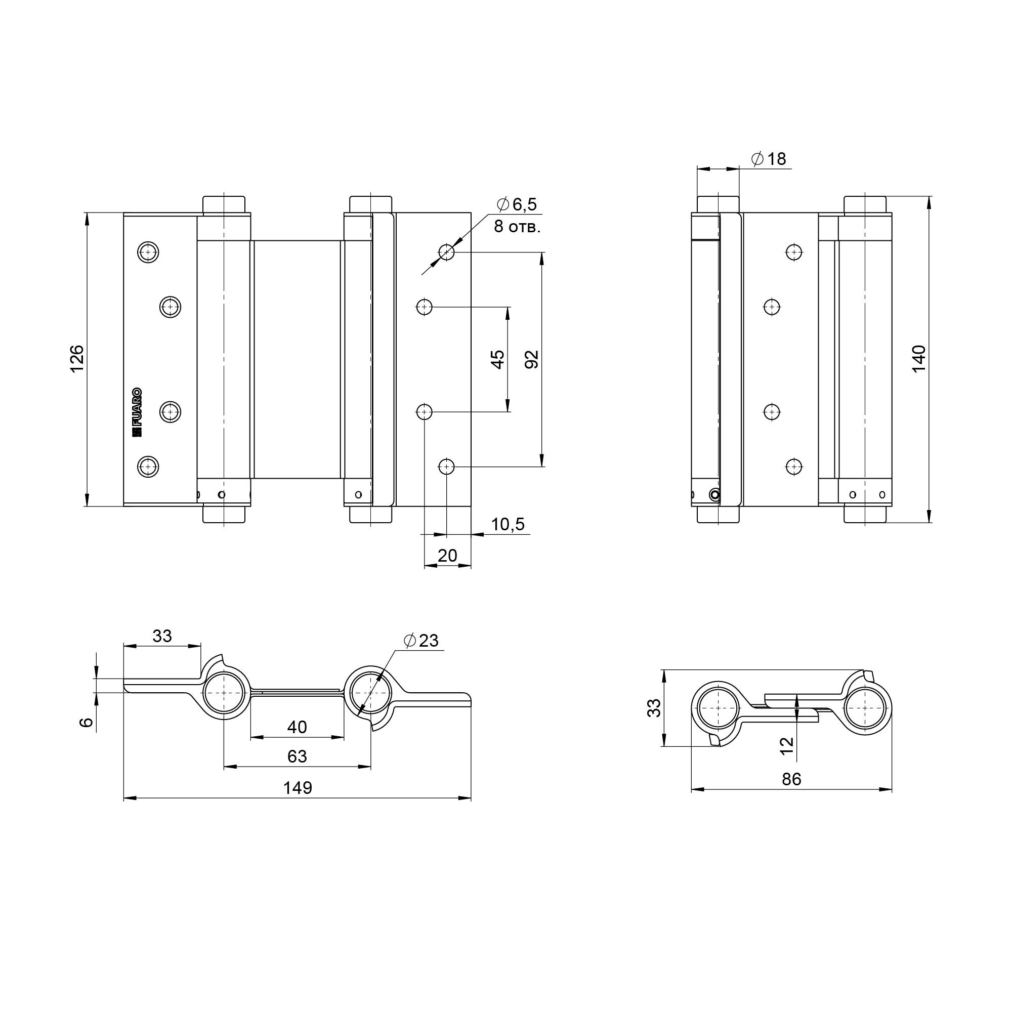 Пружинная Fuaro (Фуаро) двусторонняя (барная) петля DSH5 (125х86х1,5) INOX 201 SN мат. никель (блистер) 