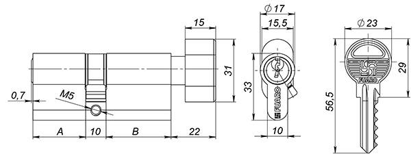 Цилиндровый Fuaro (Фуаро) механизм (100 ZM/70) 1000ZMKnob70(30+10+30) AB бронза 5Key с вертушкой 