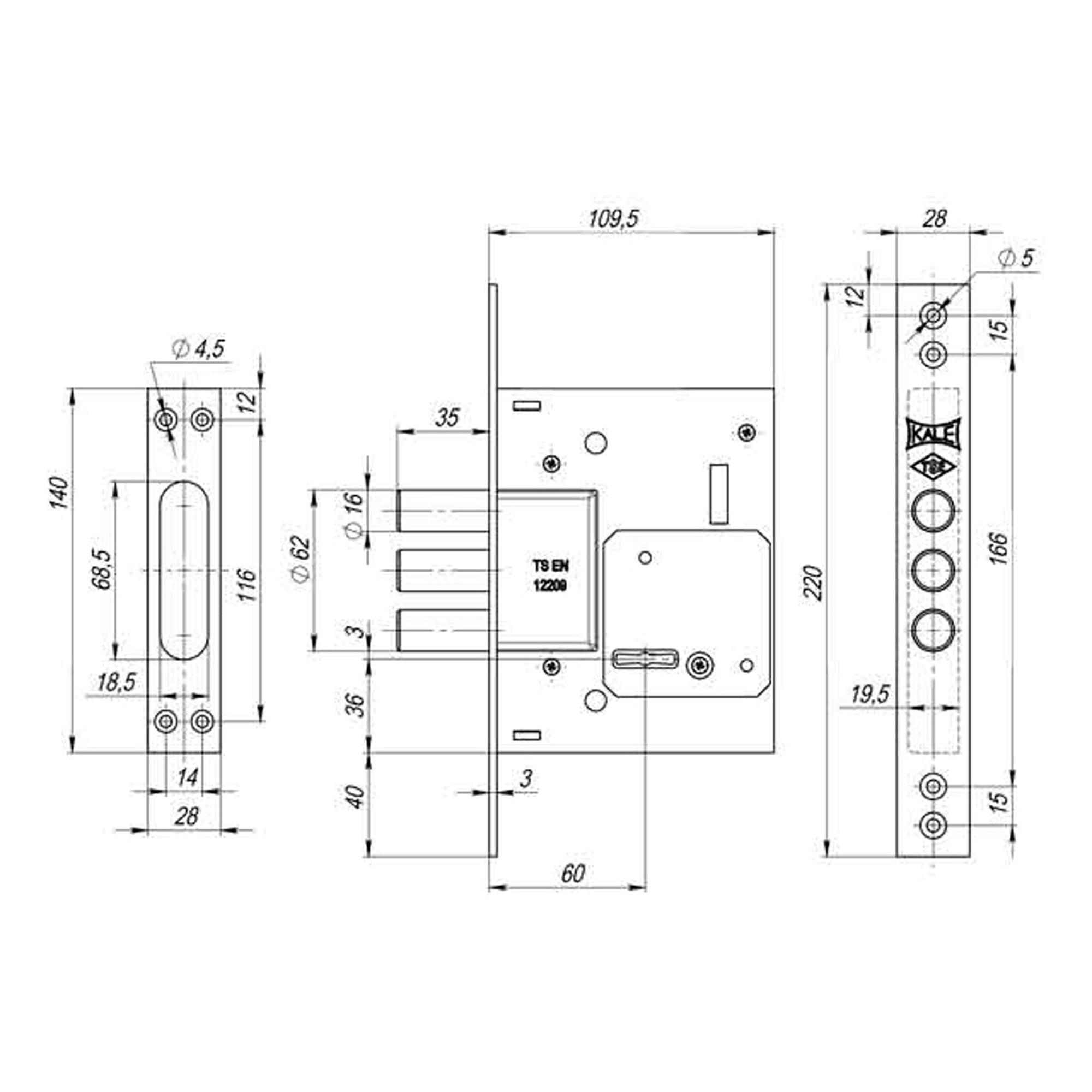 Замок Kale kilit (Кале килит) врезной сувальдный 257/L, 5 кл. (кл. 60 мм) 
