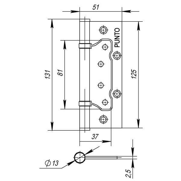 Петля Punto (Пунто) универсальная без врезки IN5200W AC (200-2B 125x2,5) медь 