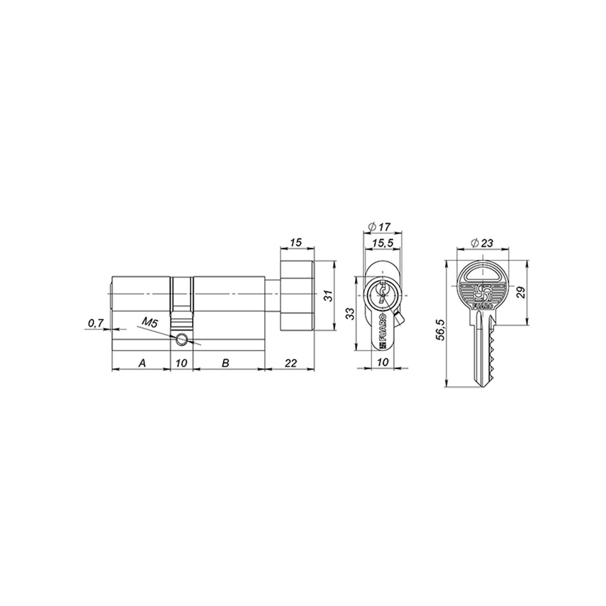 Цилиндровый Fuaro (Фуаро) механизм 1000ZM Knob60(25+10+25) SSG сатинированное золото 5Key с вертушкой 