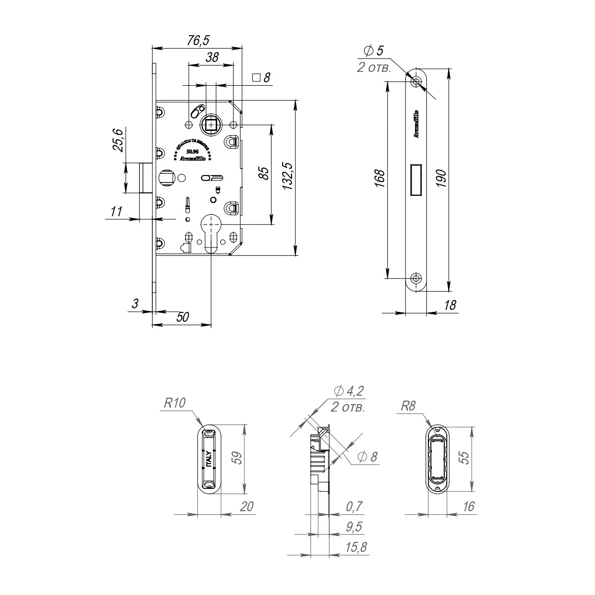 Замок Armadillo (Армадилло) межкомнатный магнитный под цилиндр с ответной планкой GRAVITY G02.190.50.85 BL черный 
