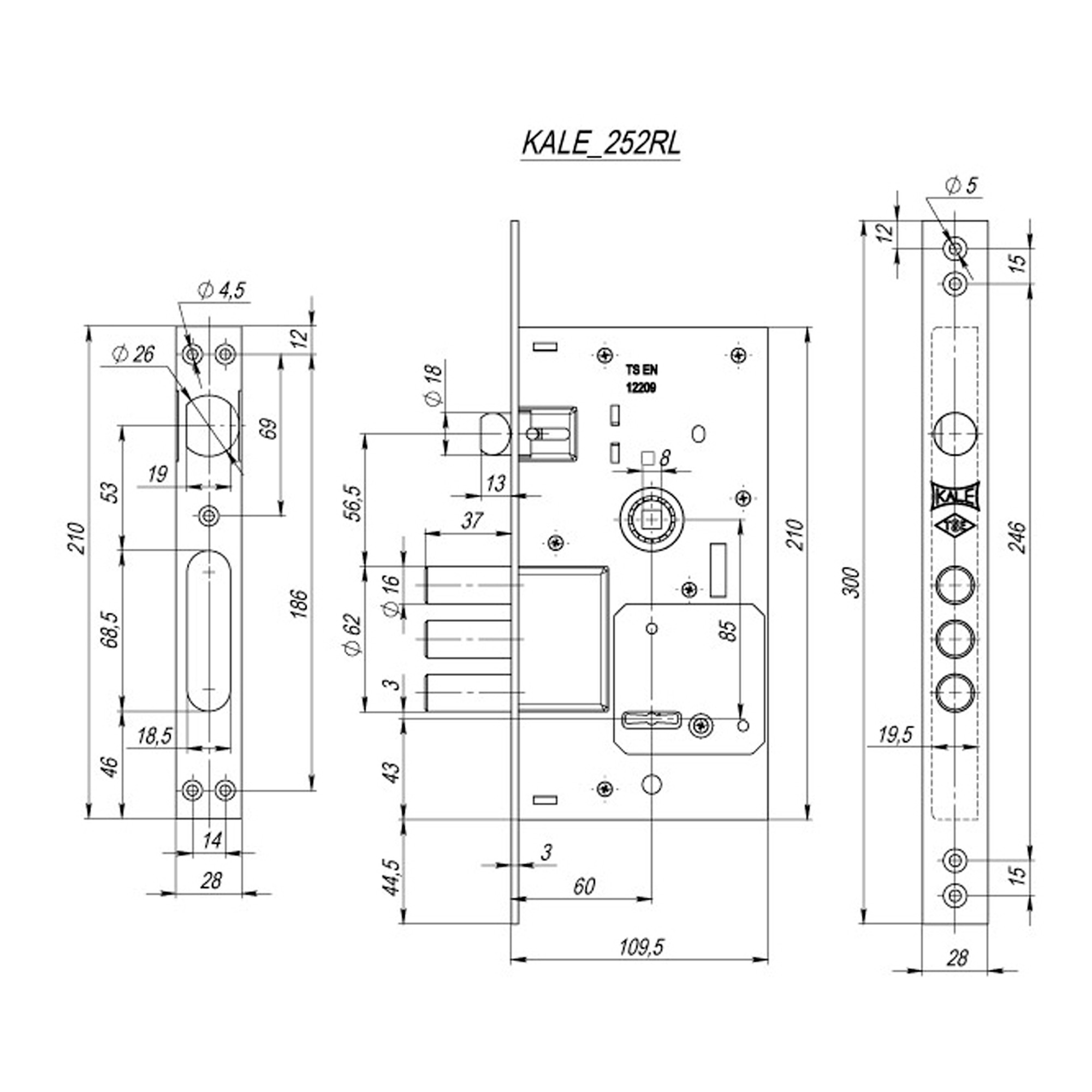 Замок Kale kilit (Кале килит) врезной сувальдный с защёлкой 252/RL, 5 кл. (кл. 60 мм) 