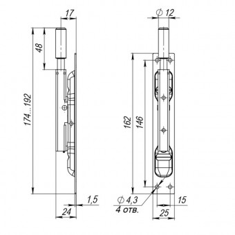 Задвижка Fuaro (Фуаро) торцевая RIGEL-set/160 D12x60mm (TDB set 160-24) в комплекте с ригелем 