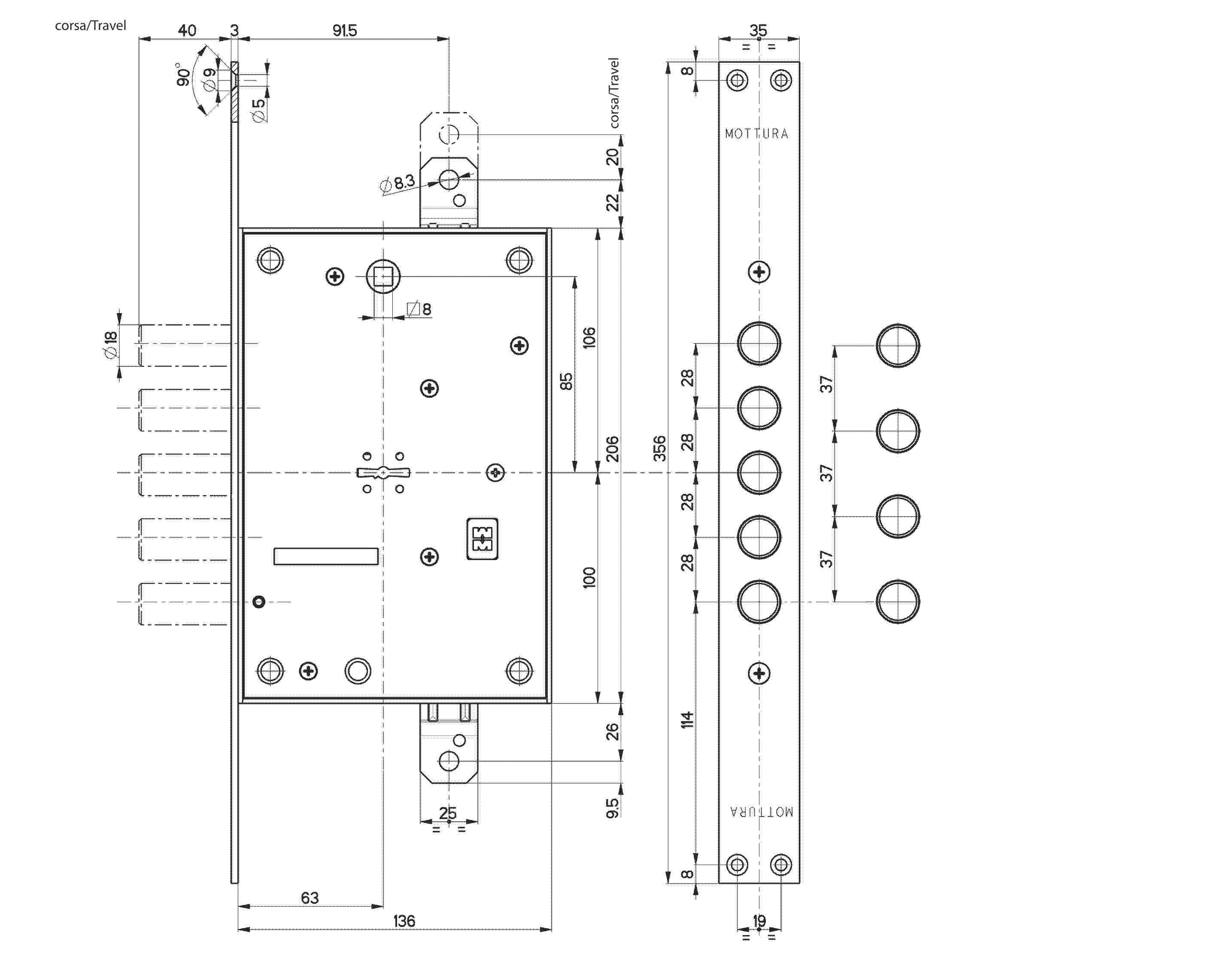 Замок Mottura (Моттура) врезной сувальдный 52.783 (универсальный), без накл. 