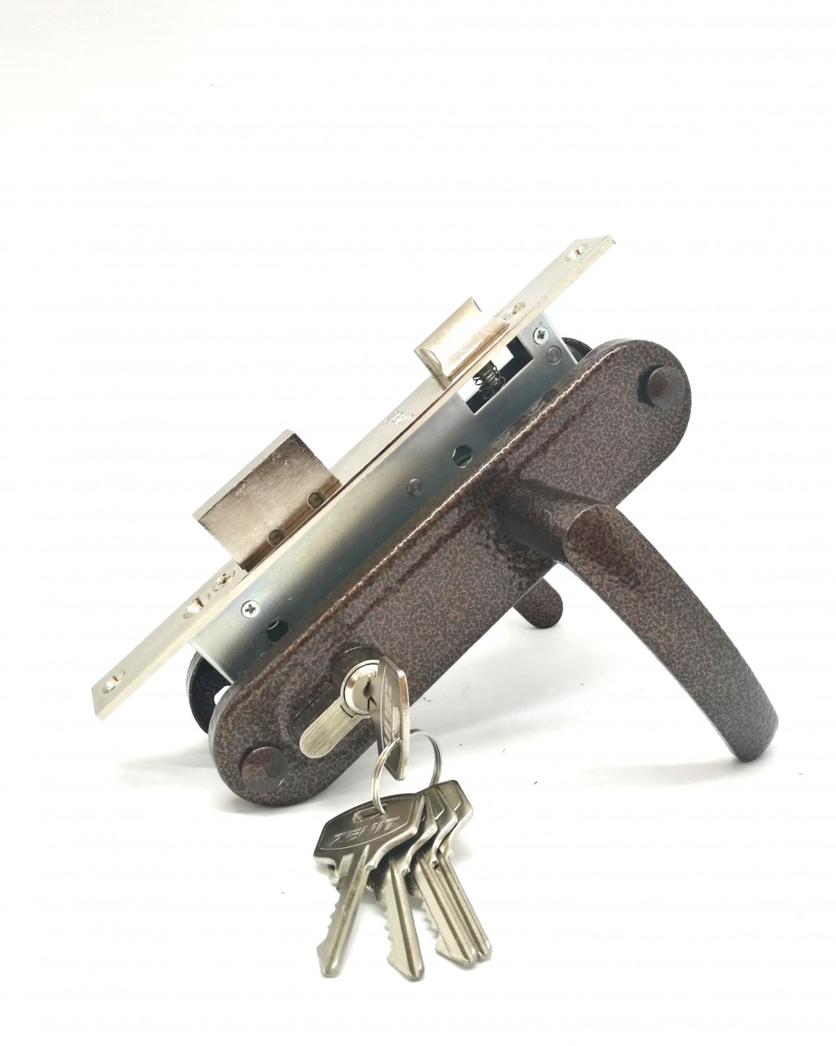 Замок Zenit (Зенит) врезной цилиндровый с защёлкой в комплекте с ручкой ЗВ7-70.4-02 (медь), 5 кл. 