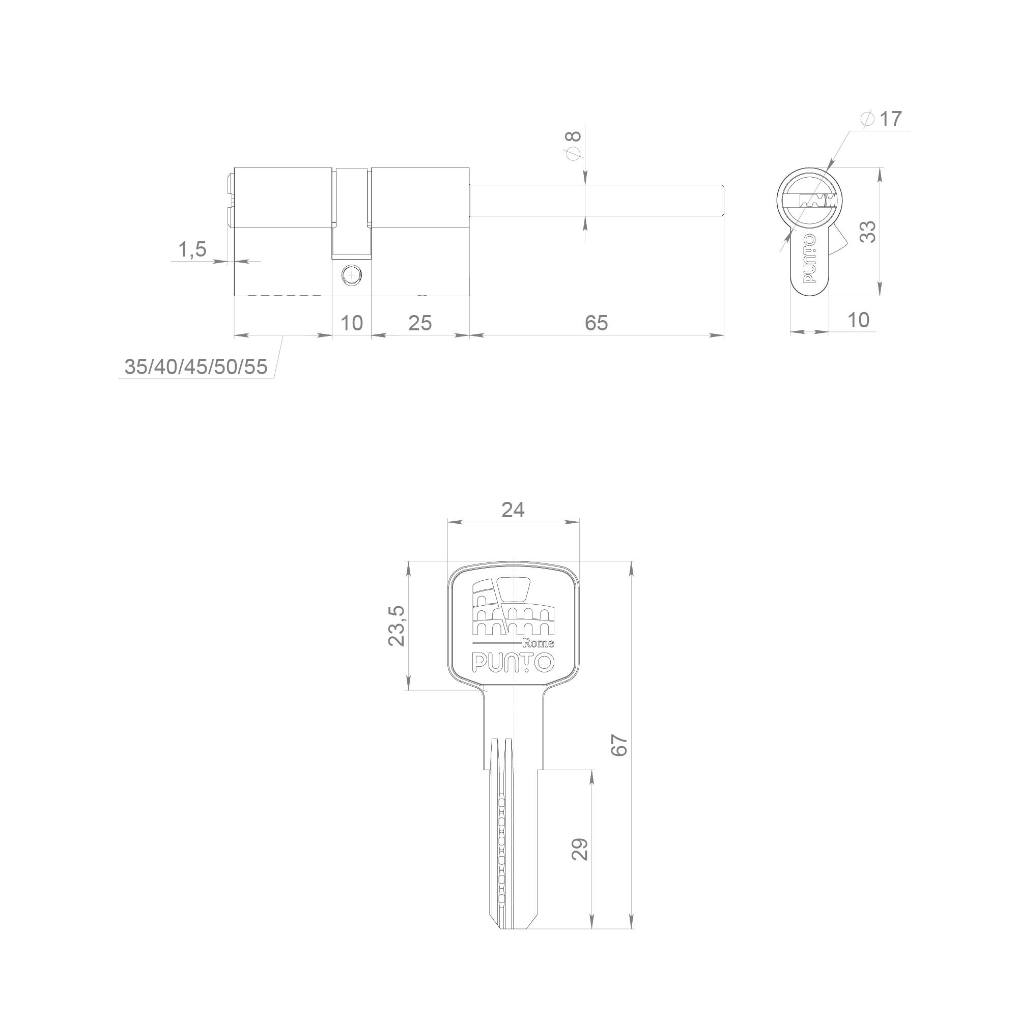 Цилиндровый Punto (Пунто) механизм Z3007Tang80(45+10+25) со штоком CP хром 