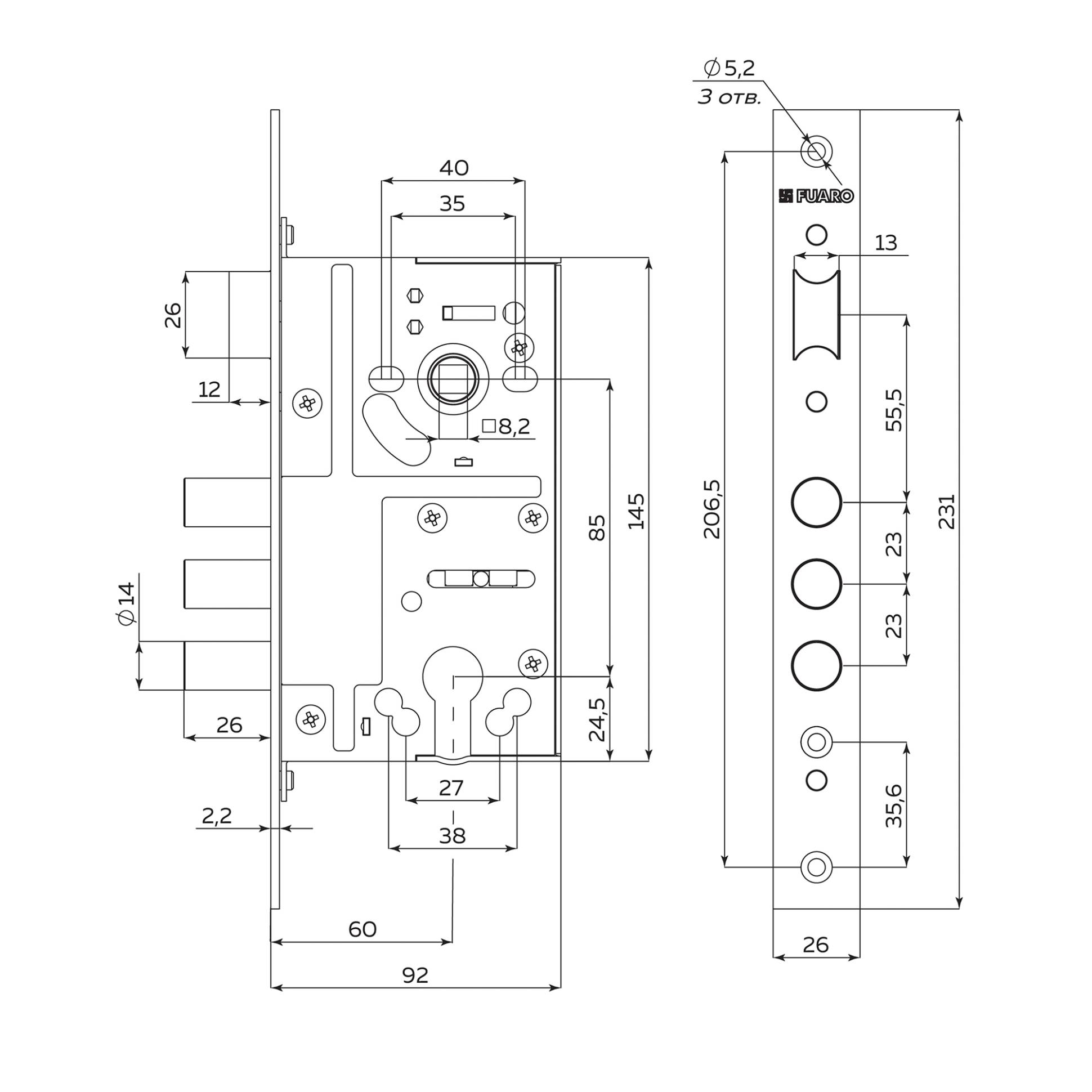 Корпус Fuaro (Фуаро) врезного замка c защёлкой MDV811/C-60.85.3R14 