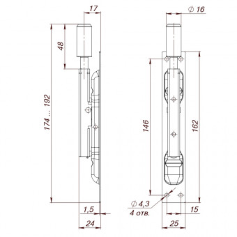 Задвижка Fuaro (Фуаро) торцевая RIGEL-set/160 D16x60mm (TDB set 160-24) в комплекте с ригелем 