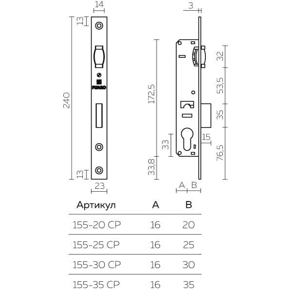 Корпус Fuaro (Фуаро) узкопрофильного замка с роликовой защелкой PROF155-30 (155-30) CP хром Корпус Fuaro (Фуаро) узкопрофильного замка с роликовой защелкой PROF155-30 (155-30) CP хром