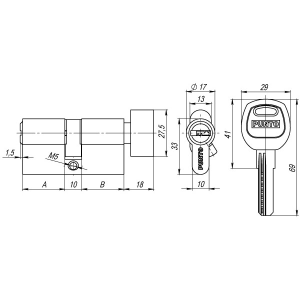 Цилиндровый Punto (Пунто) механизм (A202/60) A2002Knob60(25+10+25) с вертушкой SN никель 