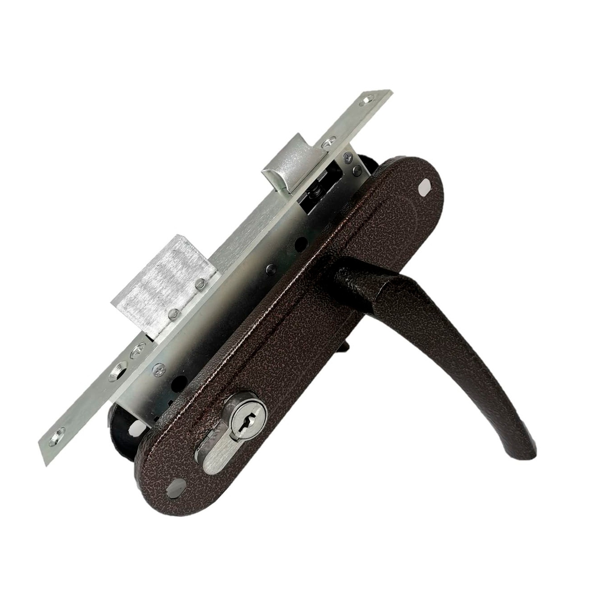 Замок Absolyute (Абсолют) врезной цилиндровый с защёлкой в комплекте с ручкой ЗВ4-70/07 (медь антик), 4 кл. 