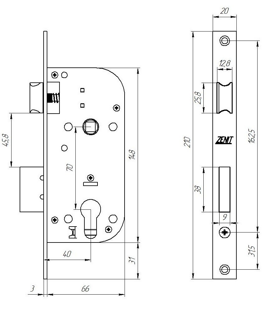 Замок Zenit (Зенит) врезной цилиндровый с защёлкой в комплекте с ручкой ЗВ7-70.4-02 (хром), 5 кл. 