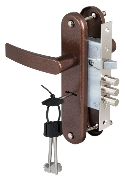 Замок Sam (Сам) врезной сувальдный с защёлкой в комплекте с ручкой ЗВ9-8/13 (медный антик), 3 кл. /84301/ 