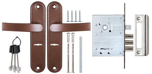 Замок Sam (Сам) врезной сувальдный с защёлкой в комплекте с ручкой ЗВ9-8/13 (медный антик), 3 кл. /84301/ Замок Sam (Сам) врезной сувальдный с защёлкой в комплекте с ручкой ЗВ9-8/13 (медный антик), 3 кл. /84301/