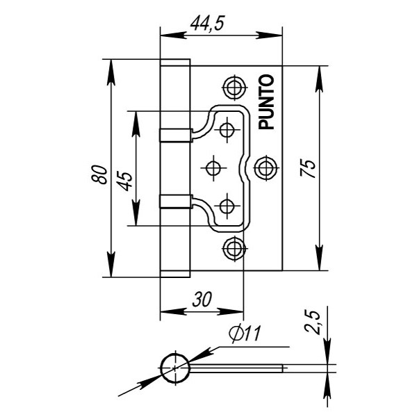 Петля Punto (Пунто) универсальная без врезки IN3200W PB (200-2B 75x2,5) латунь 