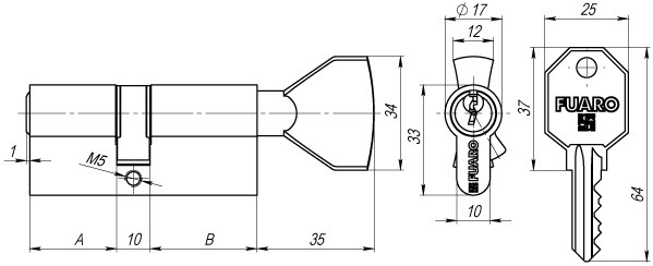 Цилиндровый Fuaro (Фуаро) механизм (100 CM/80) 1000CMKnob80(35+10+35) CP хром 3Key с вертушкой 