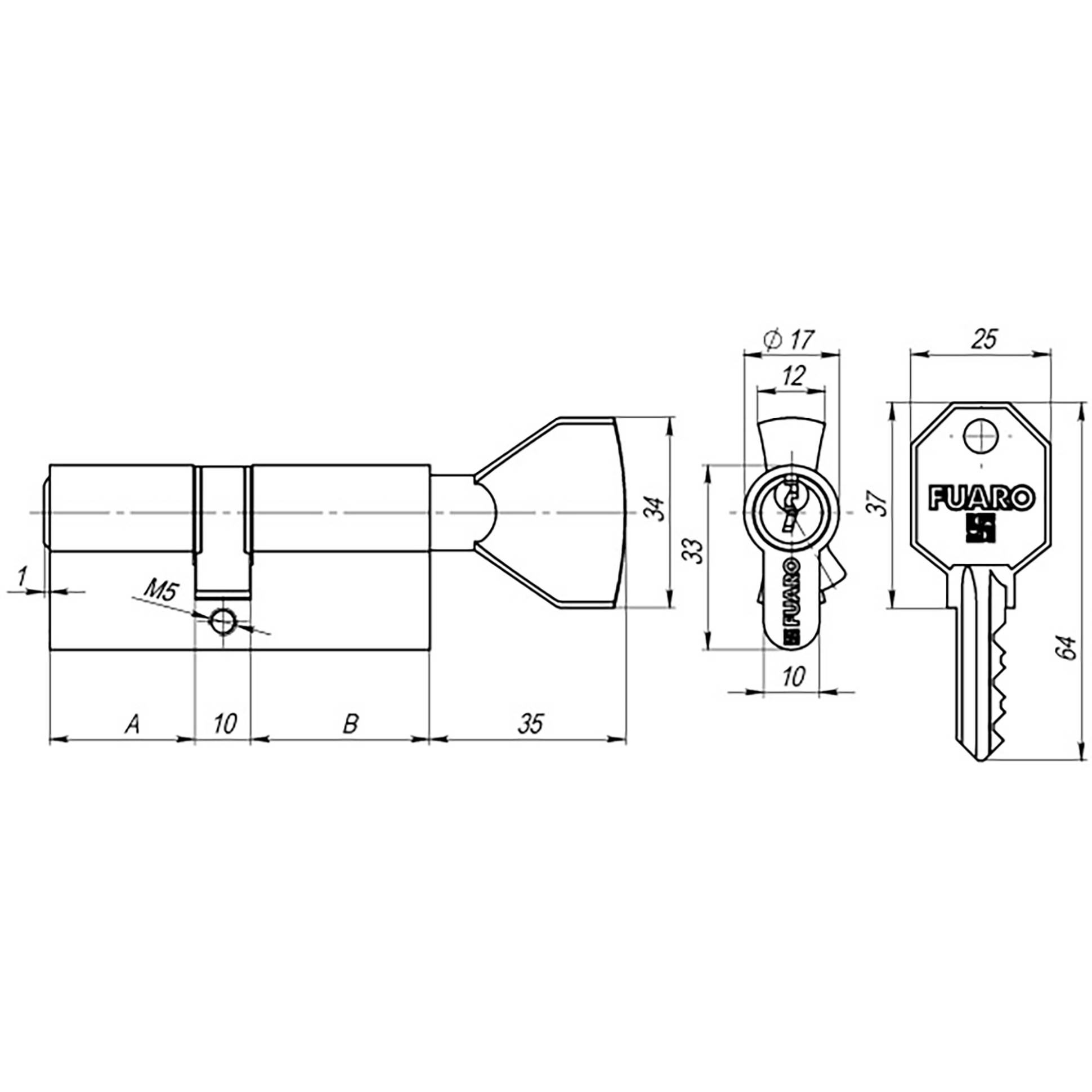 Цилиндровый Fuaro (Фуаро) механизм (100 CM/80) 1000CMKnob80(35+10+35) CP хром 3Key с вертушкой 