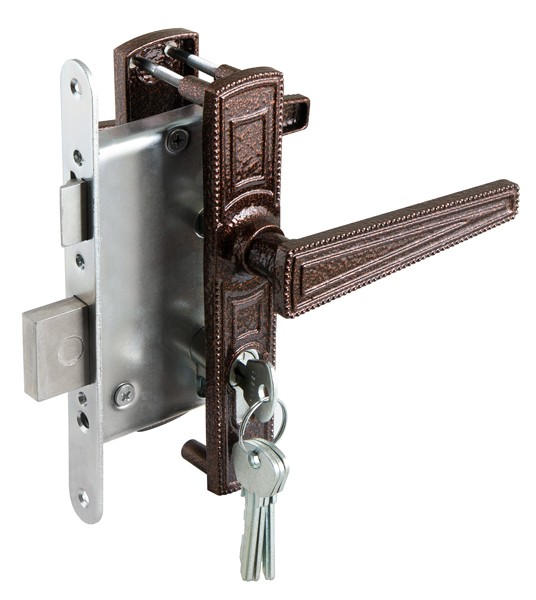 Замок Zenit (Зенит) врезной цилиндровый с защёлкой в комплекте с ручкой ЗВ4-3.01 (медь), 4 кл. 