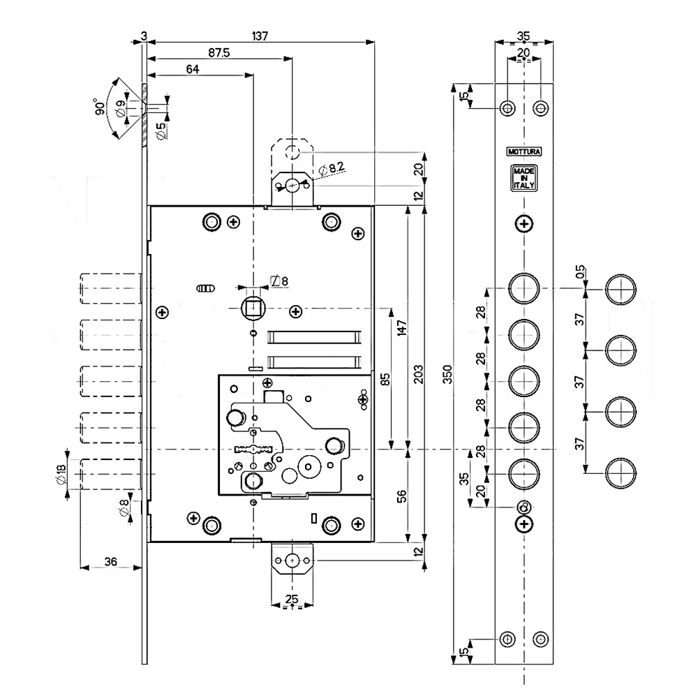 Замок Mottura (Моттура) врезной сувальдный 52.J525M-D MyKey (правый), ключ 60 мм, без накл. 