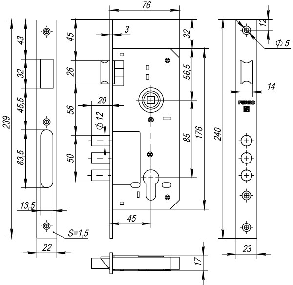Корпус Fuaro (Фуаро) врезного замка с защёлкой DD900/C-45.85.3MR (900 3MR W/B) PB латунь 