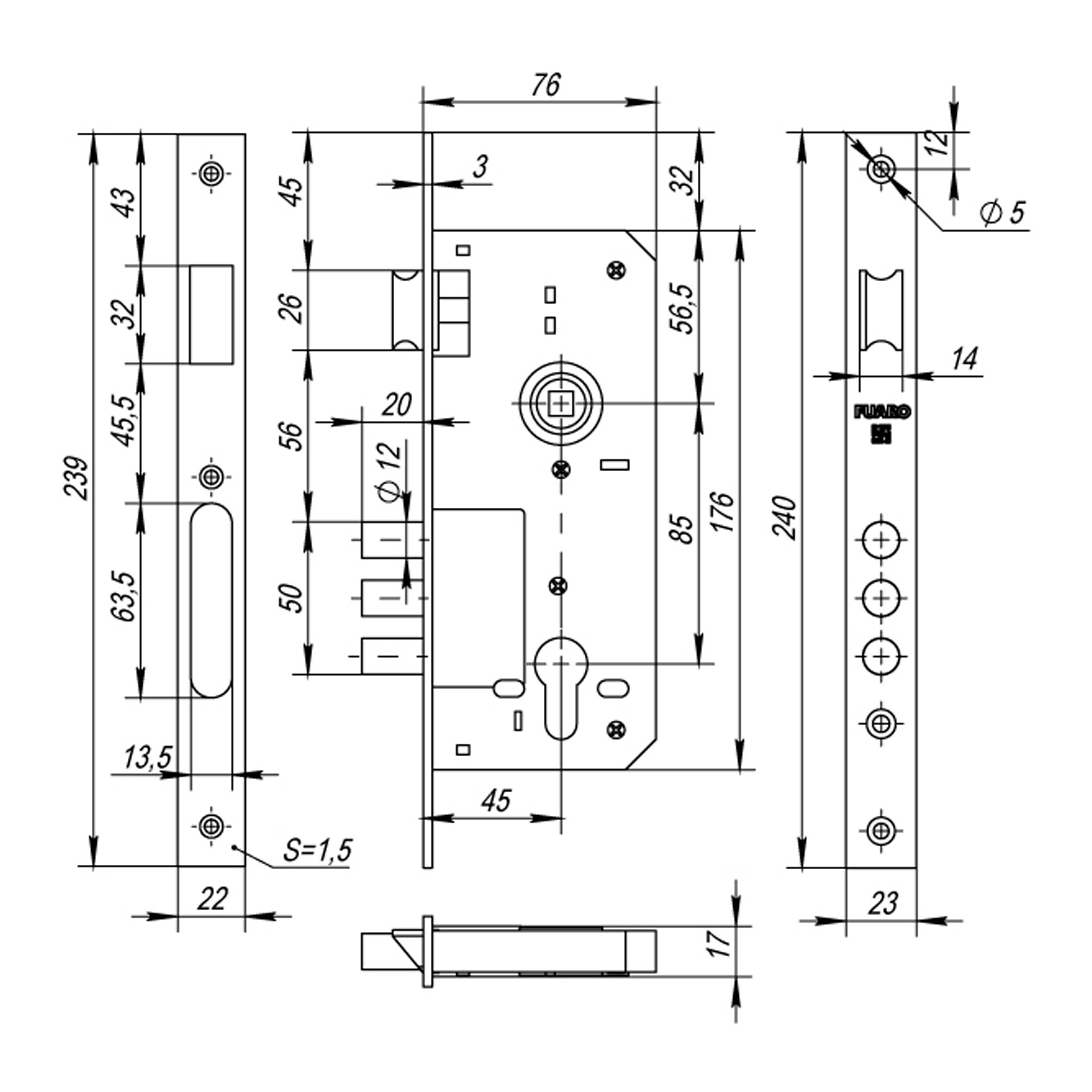 Корпус Fuaro (Фуаро) врезного замка с защёлкой DD900/C-45.85.3MR (900 3MR W/B) PB латунь 
