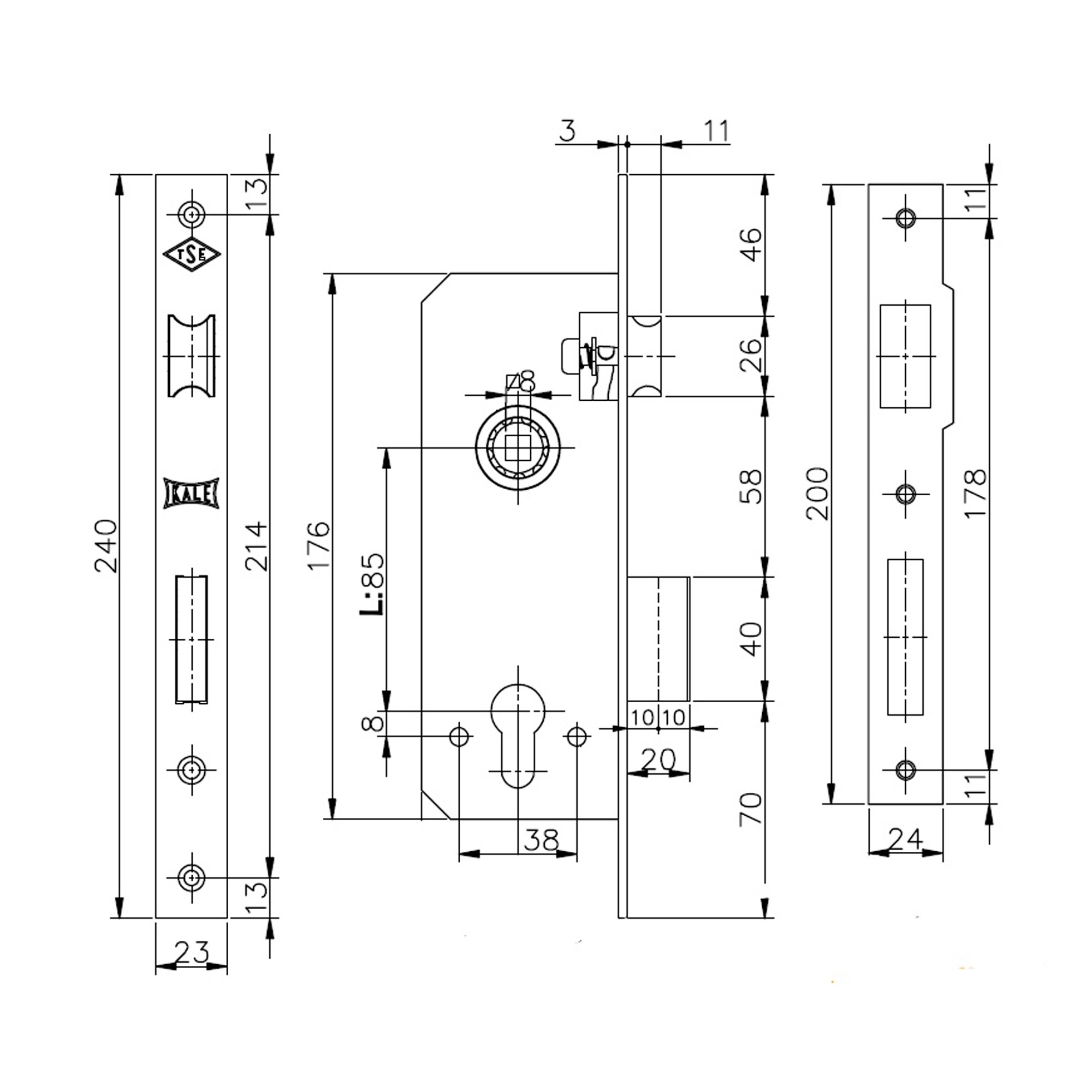 Корпус Kale kilit (Кале килит) врезного замка с защёлкой 152/R (35 mm) w/b (латунь) 