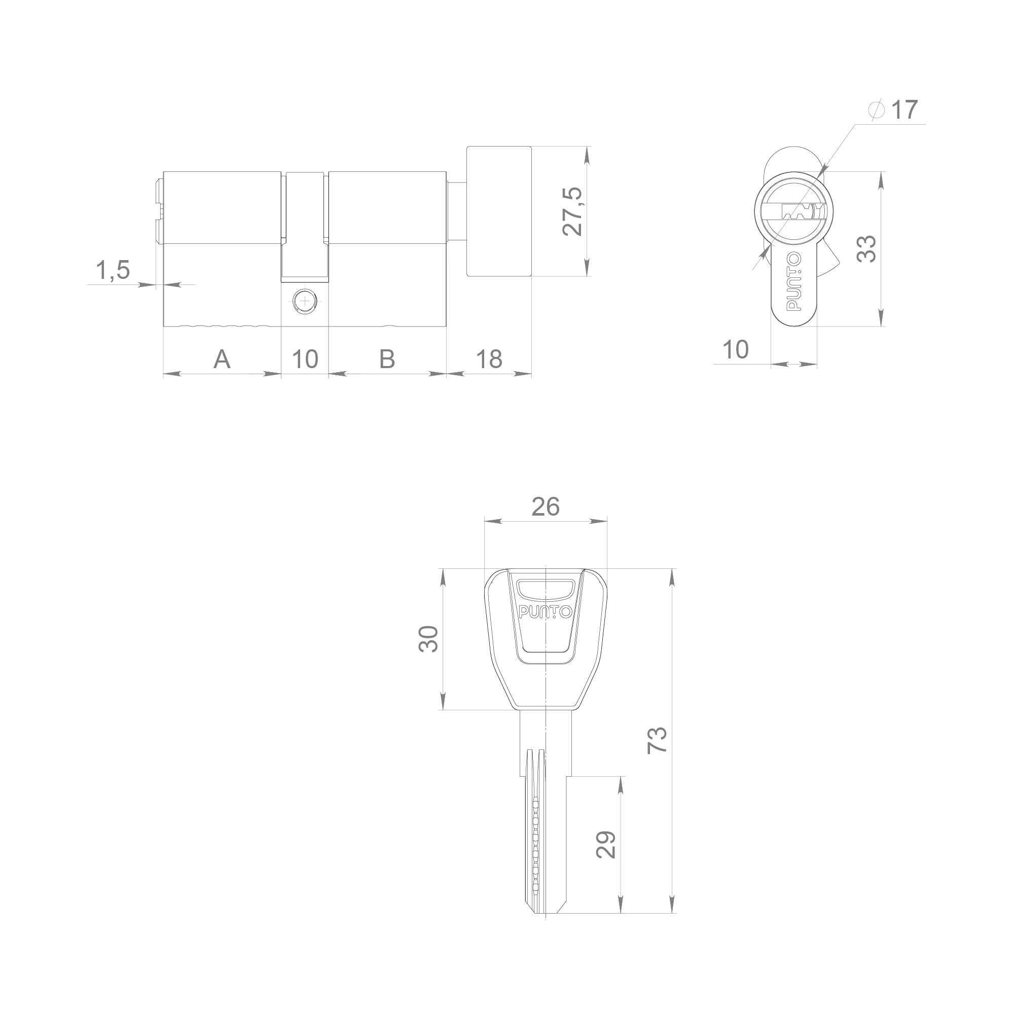 Цилиндровый Punto (Пунто) механизм (A202/100) A2002Knob100(50+10+40) с вертушкой SN никель 