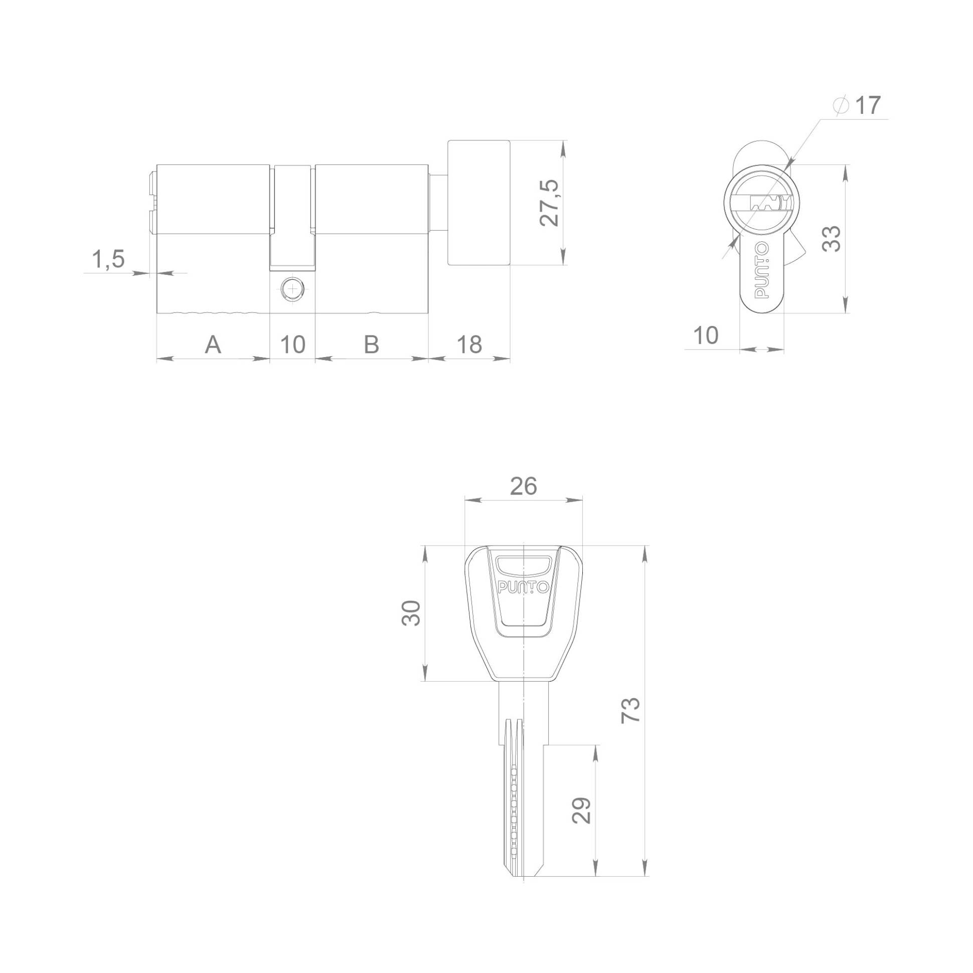 Цилиндровый Punto (Пунто) механизм (A202/100) A2002Knob100(50+10+40) с вертушкой SN никель 