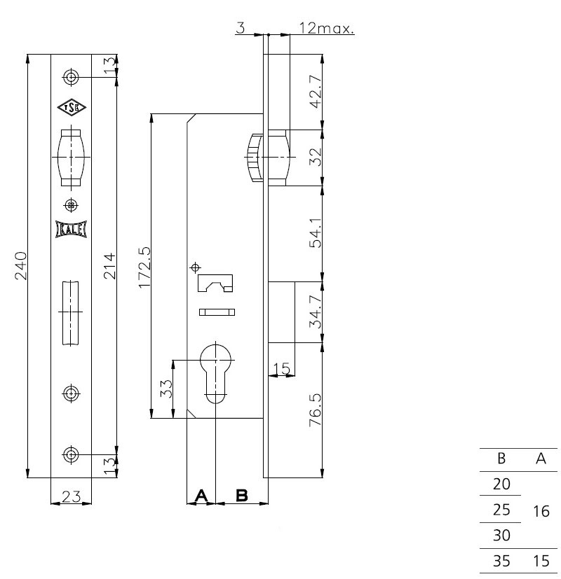 Корпус Kale kilit (Кале килит) узкопрофильного замка с роликовой защёлкой 155 (35 mm) w/b (никель) 