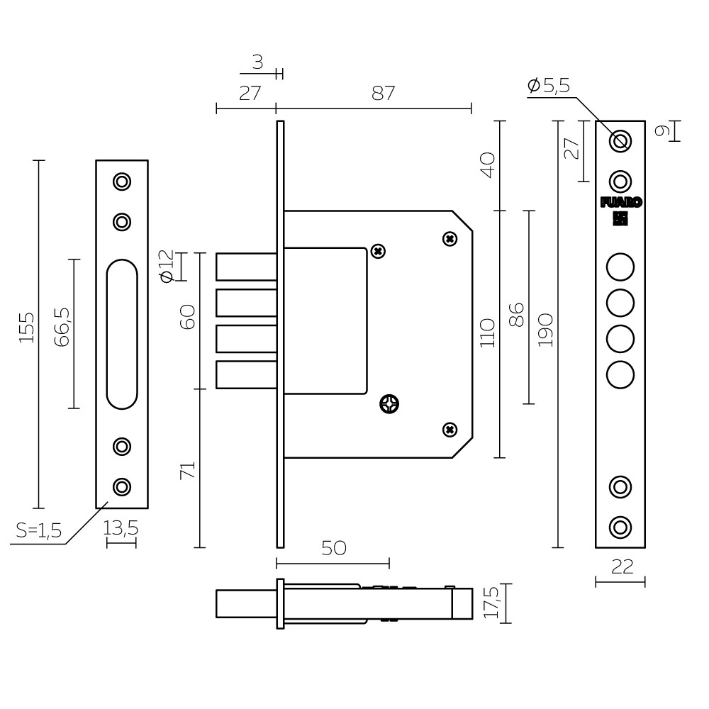Замок Fuaro (Фуаро) врезной крестообразный X200-4MF/PB (200-4MF/PB) латунь 5key 