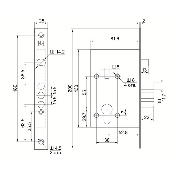 Корпус Border (Бордер) врезного замка с защёлкой ЗВ4-3/55 с ригелем 12 мм /78931/ 