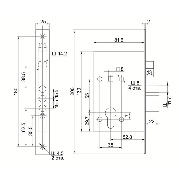 Корпус Border (Бордер) врезного замка с защёлкой ЗВ4-3/55 с ригелем 12 мм /78931/ 