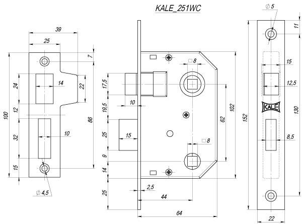 Защелка Kale kilit (Кале килит) врезная 251 WC (44 mm) (никель), прав. 