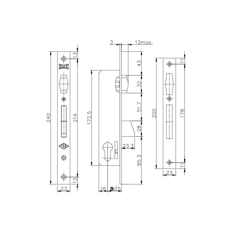 Корпус Kale kilit (Кале килит) узкопрофильного замка с роликовой защёлкой 255 (25 mm) w/b (никель) 