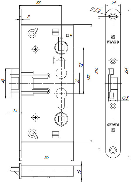 Корпус Fuaro (Фуаро) врезного замка c защёлкой FP.C-65.72-0432 (FL-0432) 