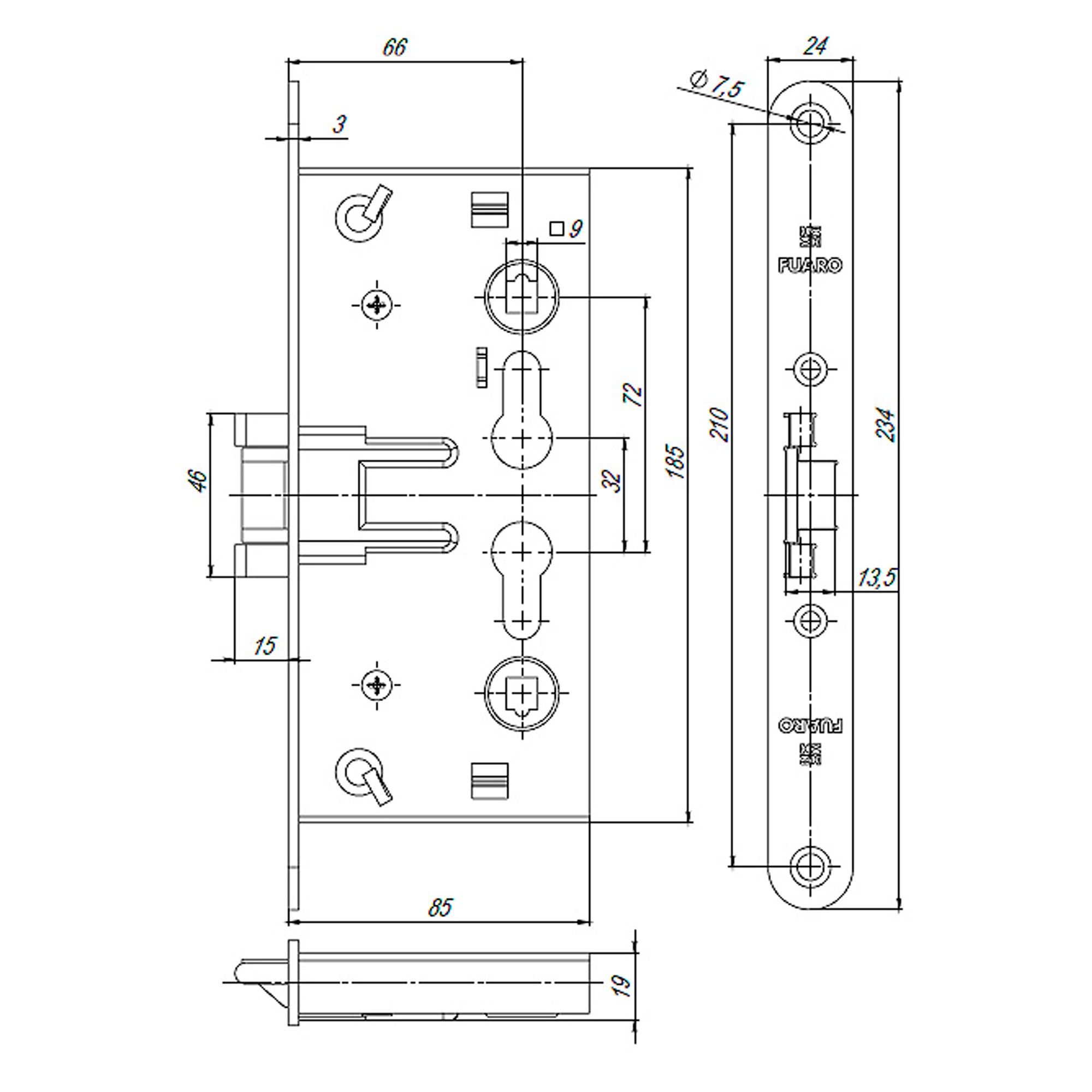 Корпус Fuaro (Фуаро) врезного замка c защёлкой FP.C-65.72-0432 (FL-0432) 