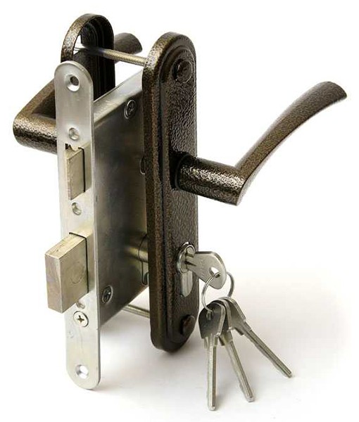 Замок Zenit (Зенит) врезной цилиндровый с защёлкой в комплекте с ручкой ЗВ4-3.07 (медь), 4 кл. 