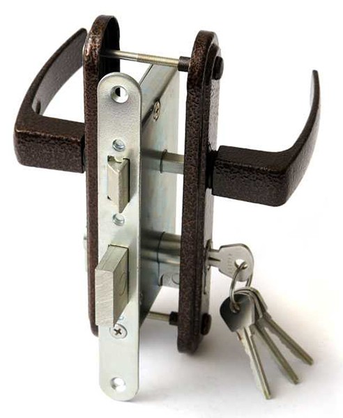 Замок Zenit (Зенит) врезной цилиндровый с защёлкой в комплекте с ручкой ЗВ4-3.05 (медь), 4 кл. 