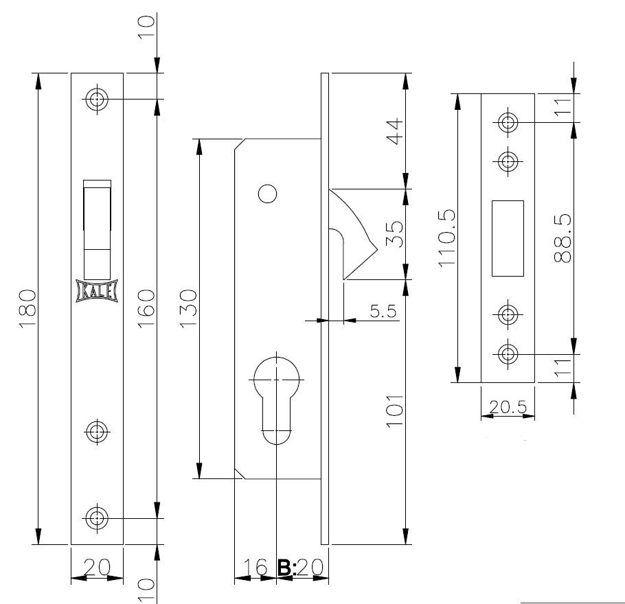 Замок Kale kilit (Кале килит) врезной цилиндровый узкопрофильный 201 (20 mm) (никель), 3 кл. 