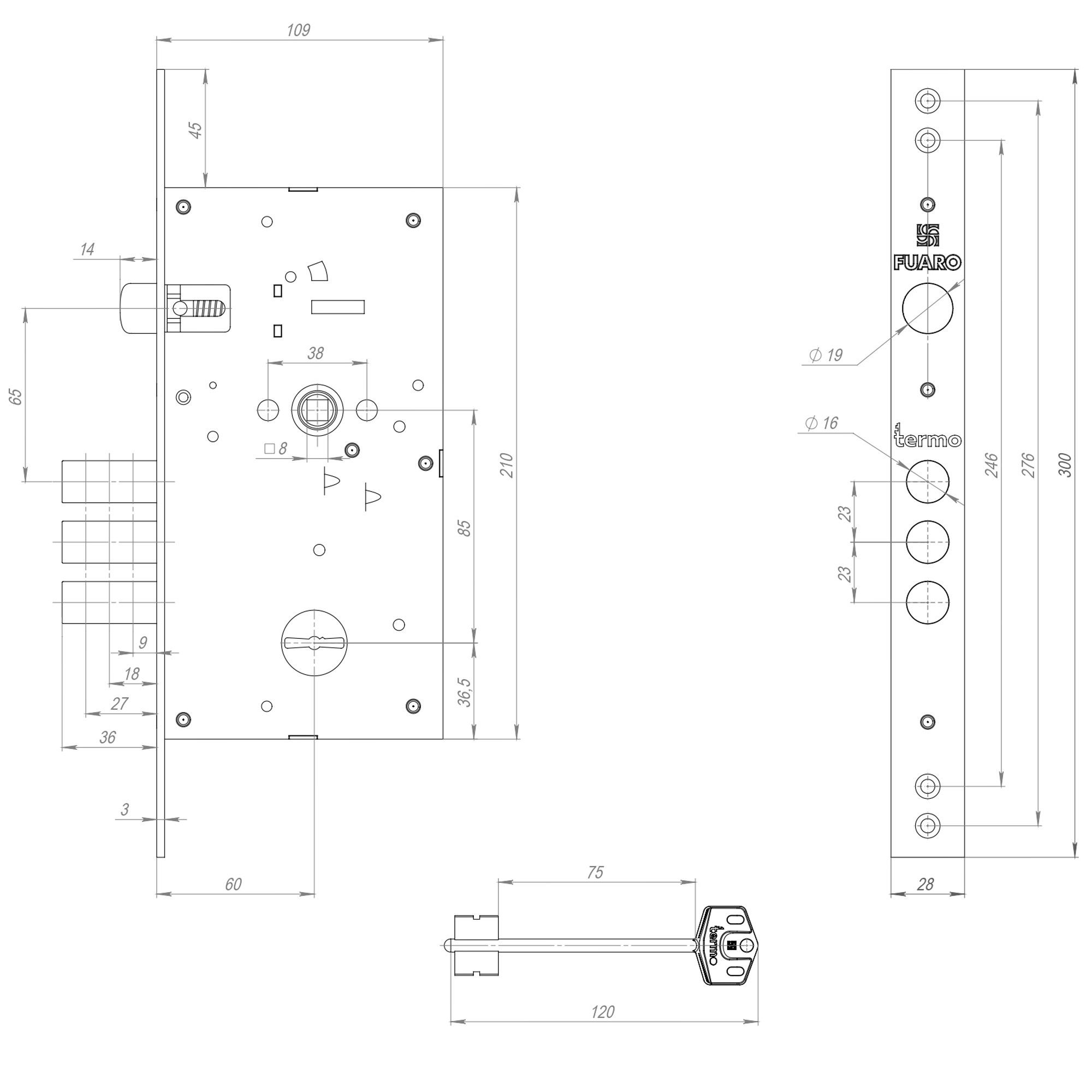 Замок Fuaro (Фуаро) врезной сувальдный TERMO MDV25/S-60.85.3R16 4 key (ключ удл. 120/75 мм) 