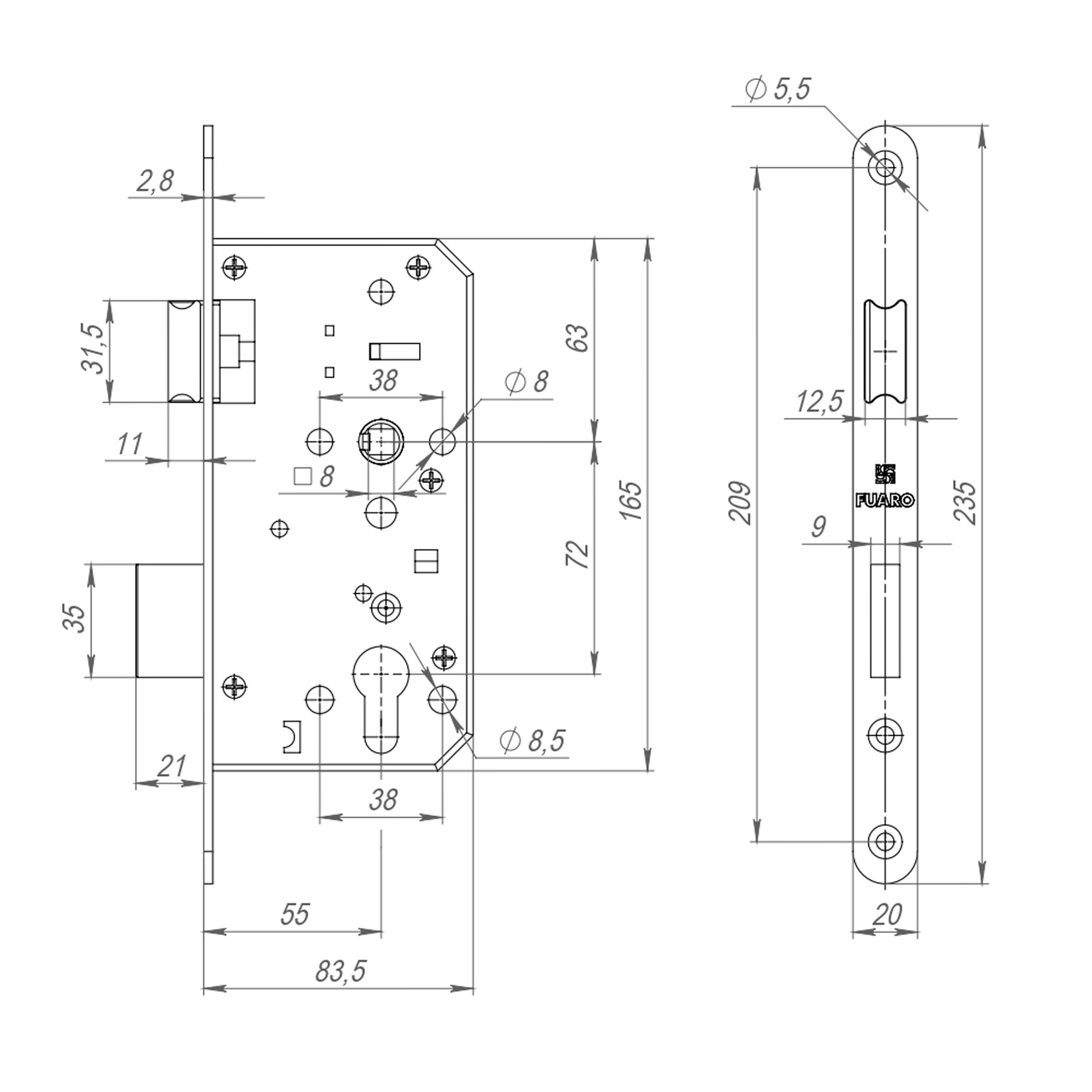 Замок Fuaro (Фуаро) врезной DD.INOX/C-55.72 (лиц.планка 20 мм) 