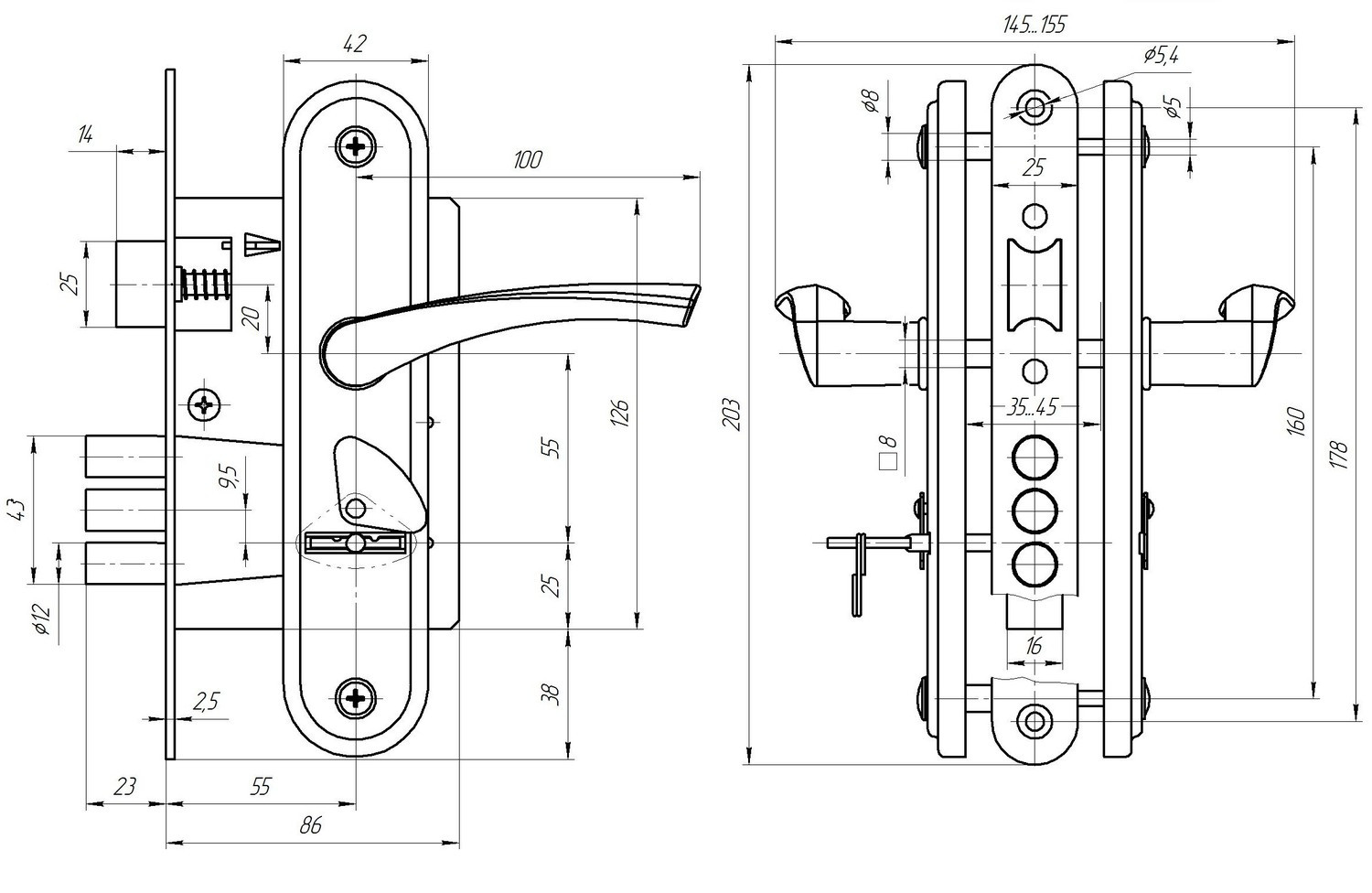 Замок Zenit (Зенит) врезной сувальдный с защёлкой в комплекте с ручкой ЗВ9-4-2 (бриллиант), 3кл. 