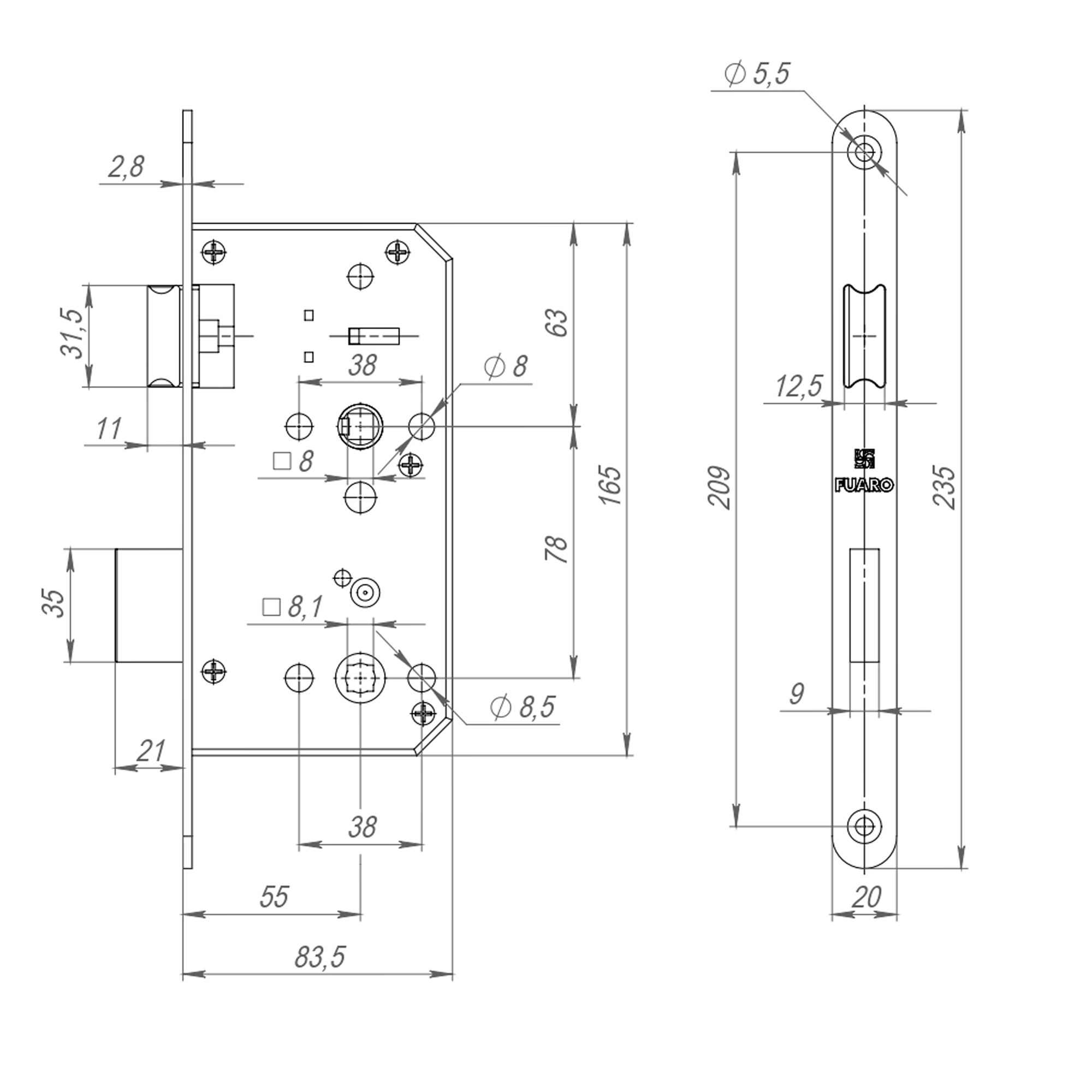 Замок Fuaro (Фуаро) врезной DD.INOX/WC-55.78 (лиц.планка 20 мм) 