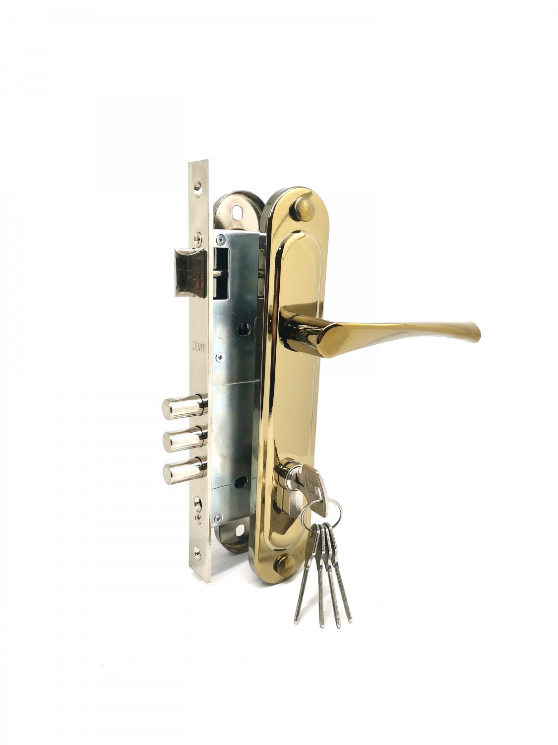 Замок Zenit (Зенит) врезной цилиндровый с защёлкой в комплекте с ручкой ЗВ4-85.3 (золото лак), 5 кл. 
