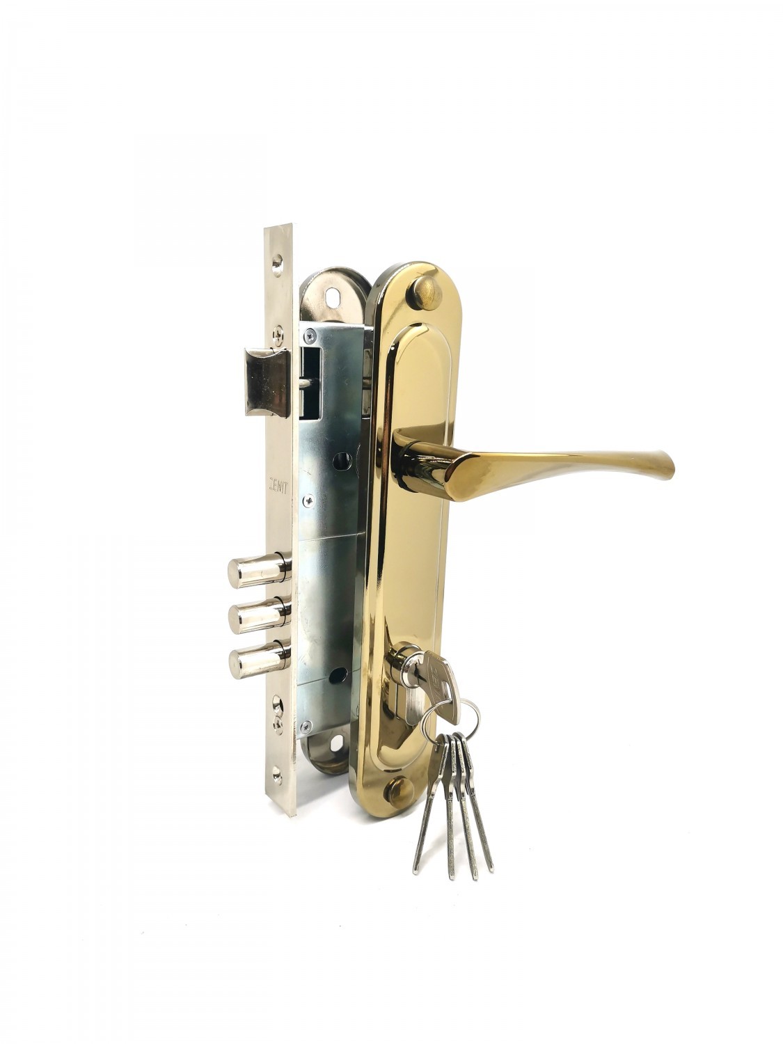 Замок Zenit (Зенит) врезной цилиндровый с защёлкой в комплекте с ручкой ЗВ4-85.3 (золото лак), 5 кл. 