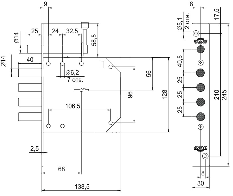 Замок Elbor (Эльбор) врезной сувальдный с задвижкой Базальт 1.05.02, 5 кл. /00396/ 