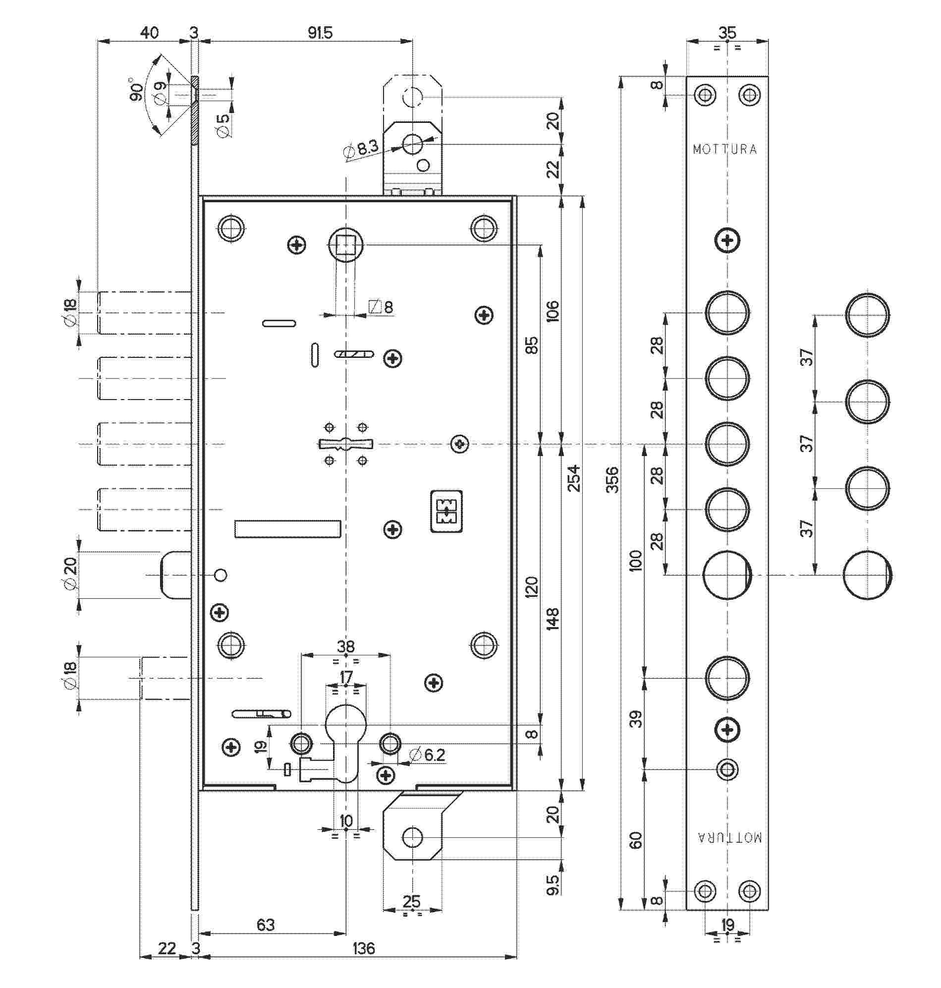Замок Mottura (Моттура) врезной двухсистемный 54.797-D (правый) (без накладок), ключ 60 мм 